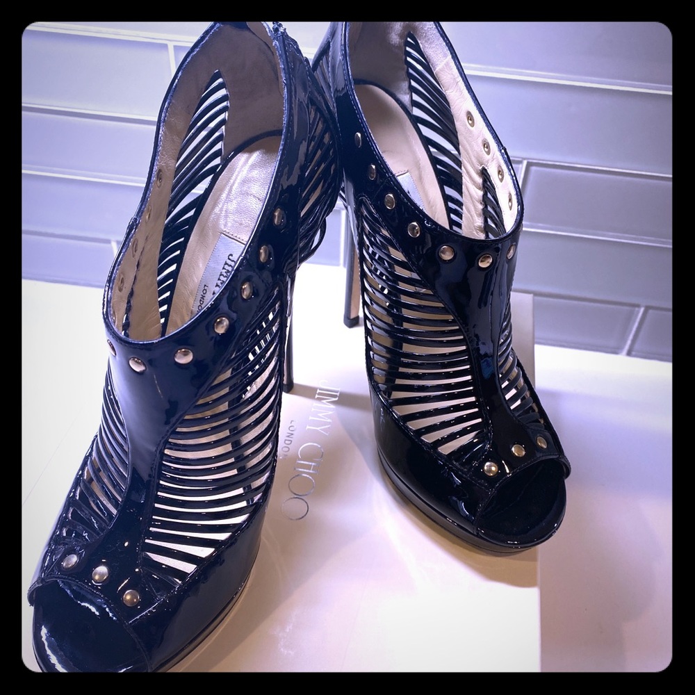 Jimmy Choo Quartz Black Patent Peep Toe Bootie 39